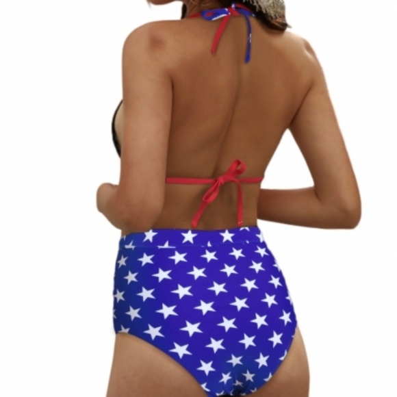 🍁American Flag Print Pom Pom High Waisted Bikini - Picture 2 of 3